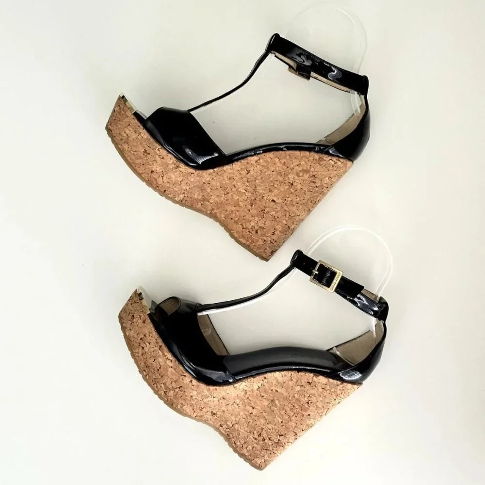 JIMMY CHOO Black Patent Leather T-Strap Platform Cork Wedge Sandals Size 38